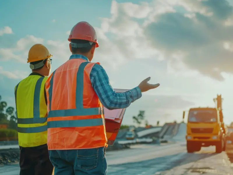 Engineers supervising infrastructure construction work at a project site by Osool AlRoyah in the UAE